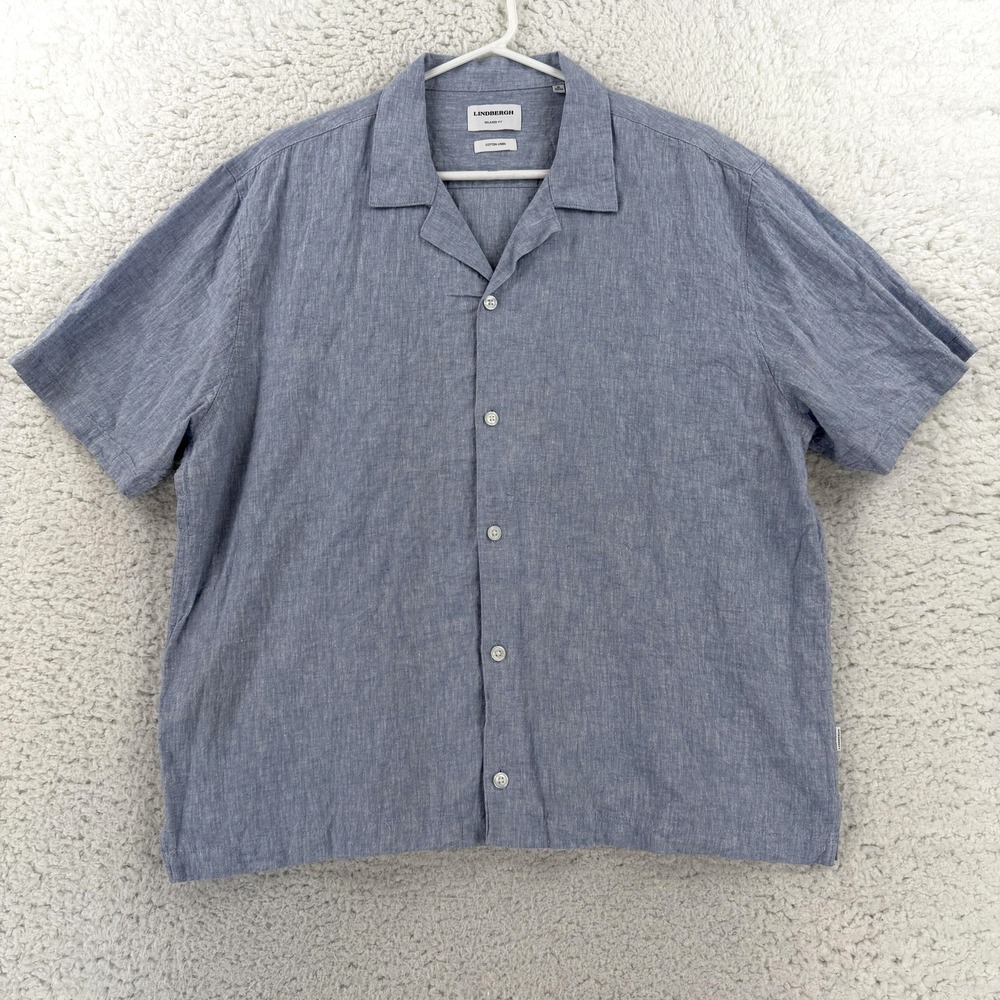Lindbergh Shirt Mens XL Blue Linen Cotton SS Button Coastal Minimalist Relaxed